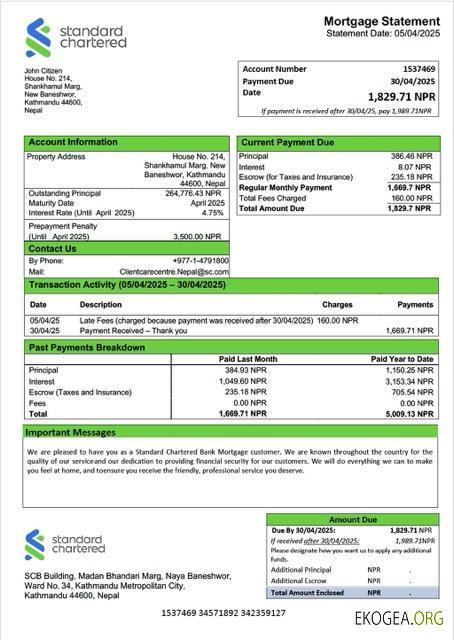 Modèle Word et PDF de relevé hypothécaire de la Nepal Standard Chartered Bank